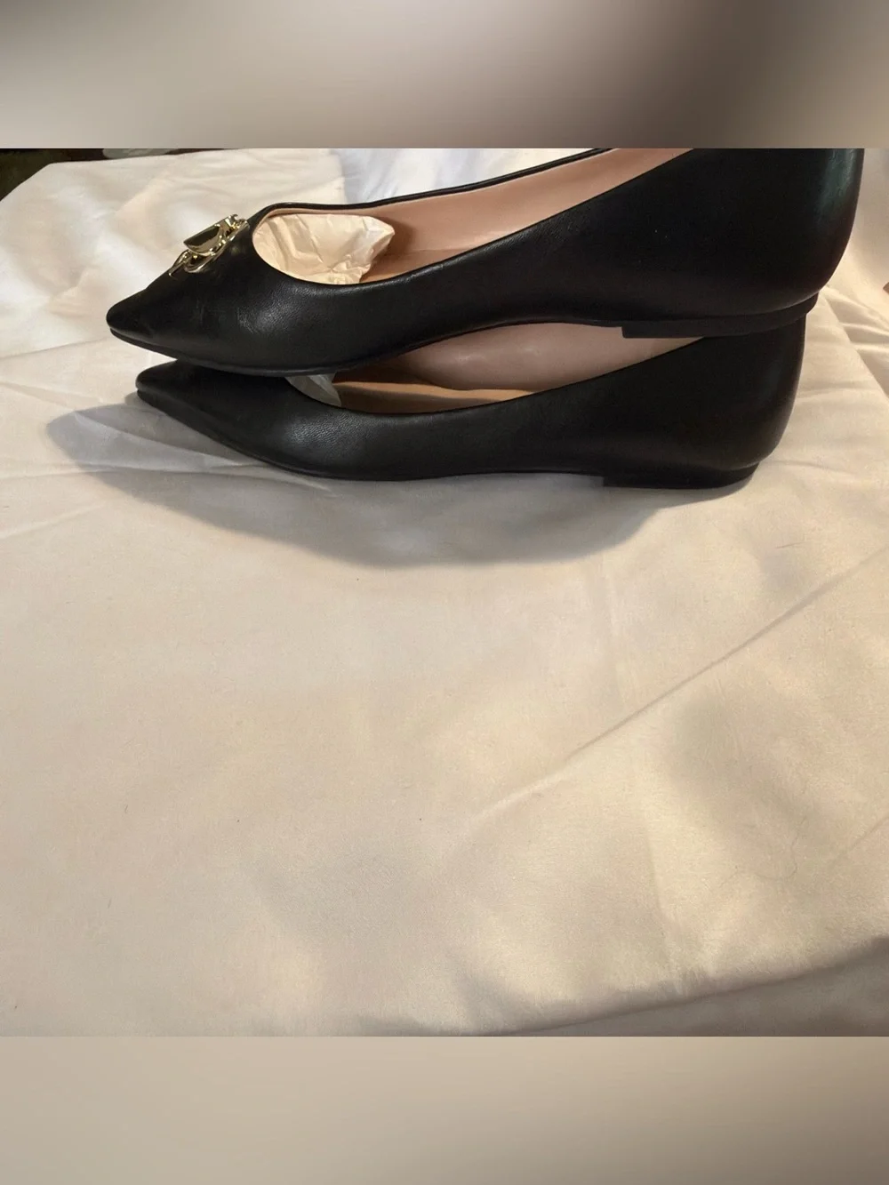 Kate Spade Black Pointed Toe Flats with Gold Spade Hardware